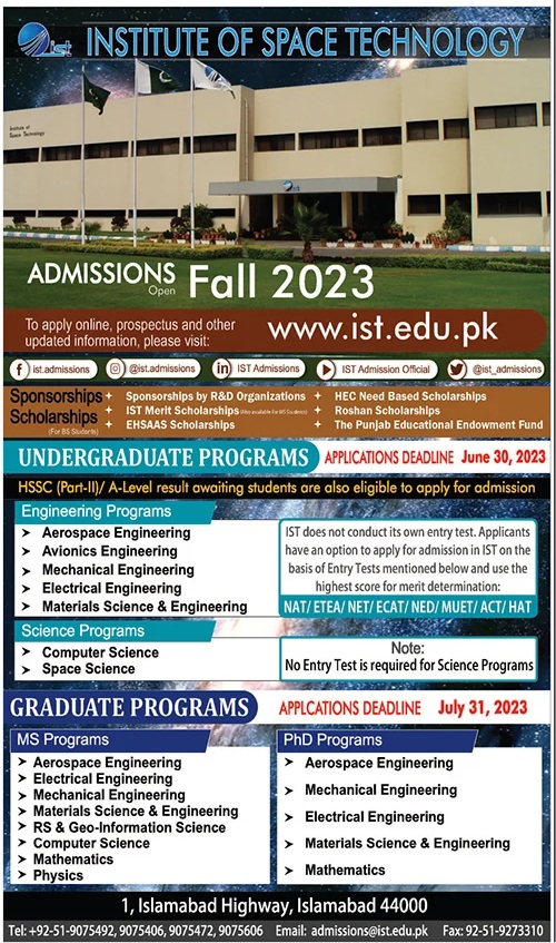 Admission Details-for institute of Space Technology Islamabad Admissions 2023