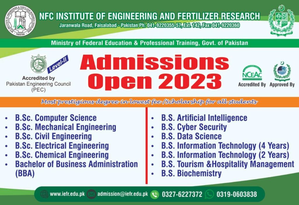 NFC Institute of Engineering and Fertilizaer Reserarch ( Admissions-2023)