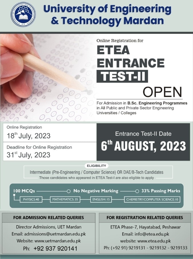 University of Engineering and Technology Mardan (ETEA Entrance) Test-II Date