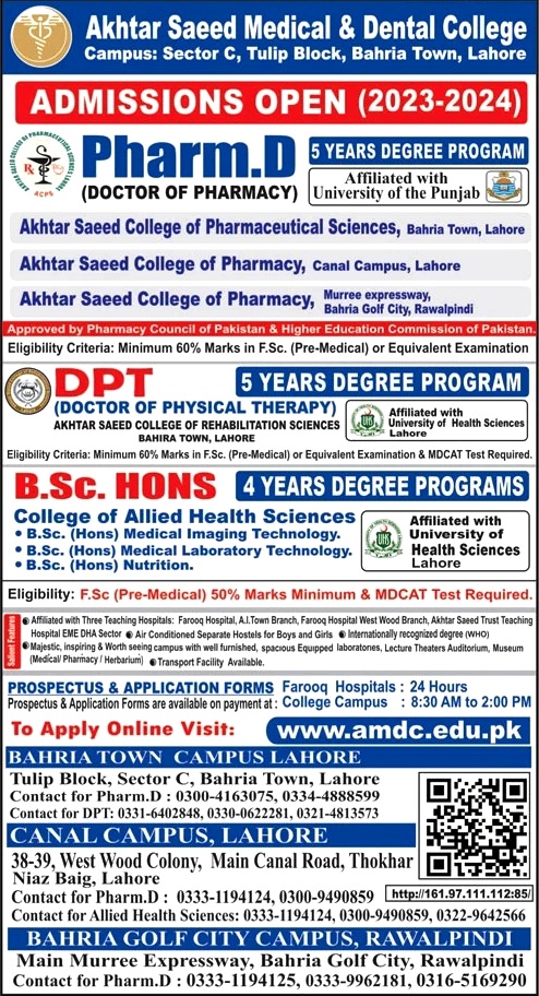 Akhtar Saeed College of Pharmaceutical Sciences, Bahria Town, Lahore