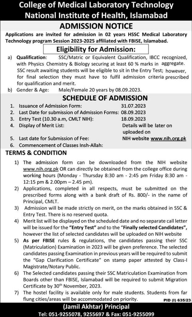 College of Medical Laboratory Technology (CMLT) National Institute of Health (NIH), Islamabad