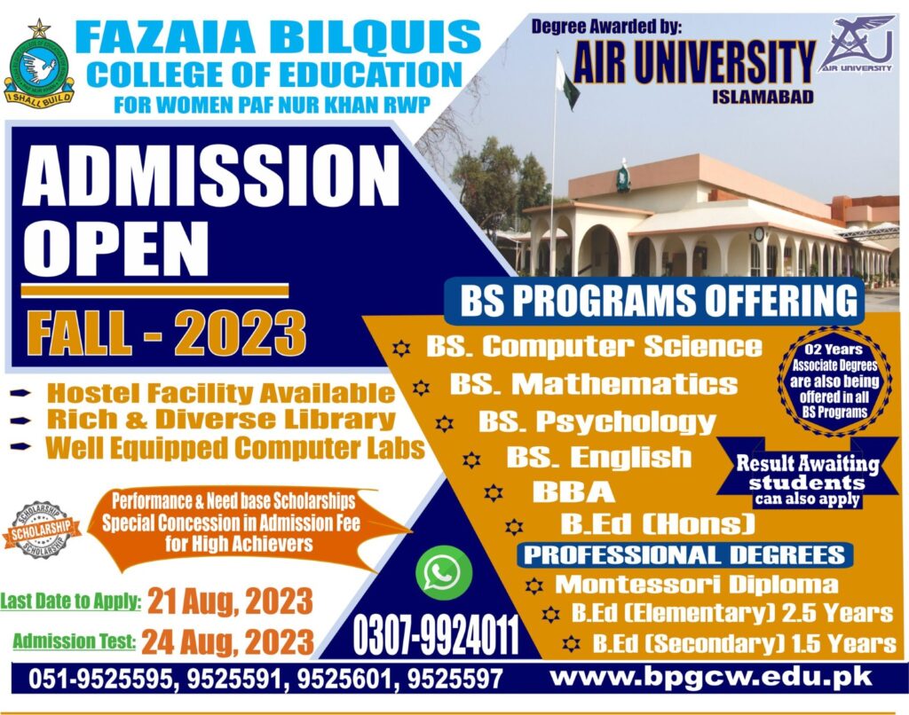 Fazaia Bilquis College of Education for Women PAF, Nur Khan Rawalpindi