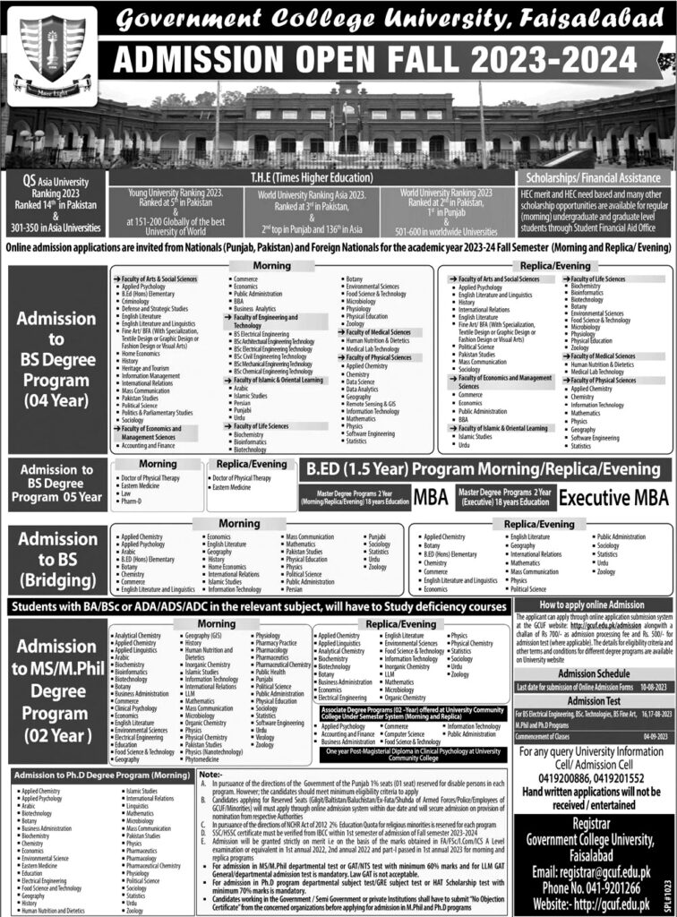 Government College University Faisalabad (GCUF)(Admissions 2023)