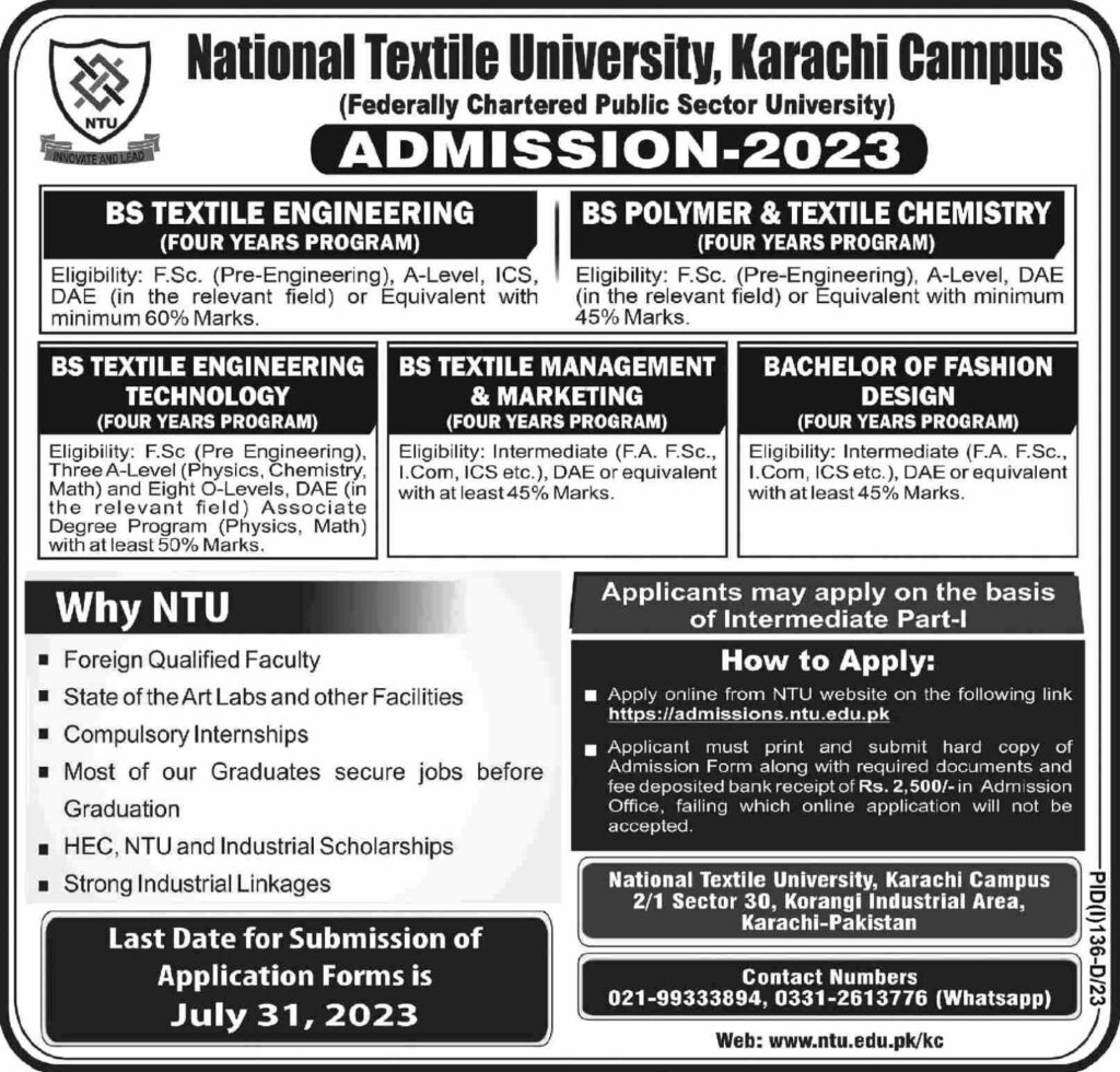 National Textile University NTU Karachi (Admissions Open 2023)