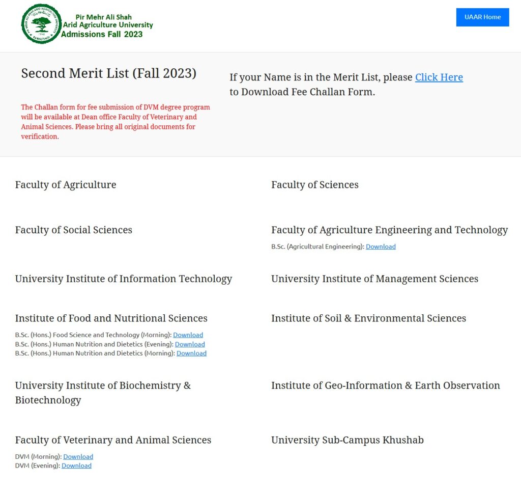 PMAS Arid Agriculture University Rawalpindi has announced 2nd Merit List 