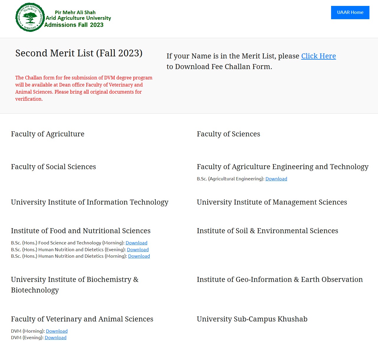 PMAS Arid Agriculture University Rawalpindi has announced 2nd Merit List