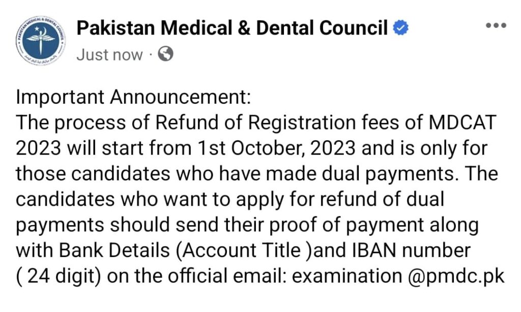 PMDC announces the process of Refund of MDCAT Registration Fee in case of dual payment.